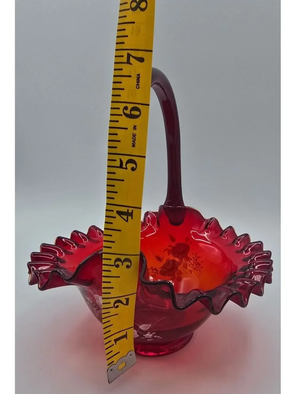 Vintage Fenton Ruby Red Hand Painted Flower Ruffled Art Glass Basket Signed